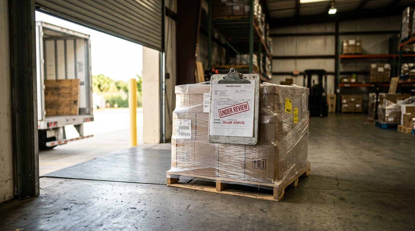 A warehouse loading dock with a wrapped pallet of inventory and a clipboard marked "under review," lit by morning light through open roll-up doors.