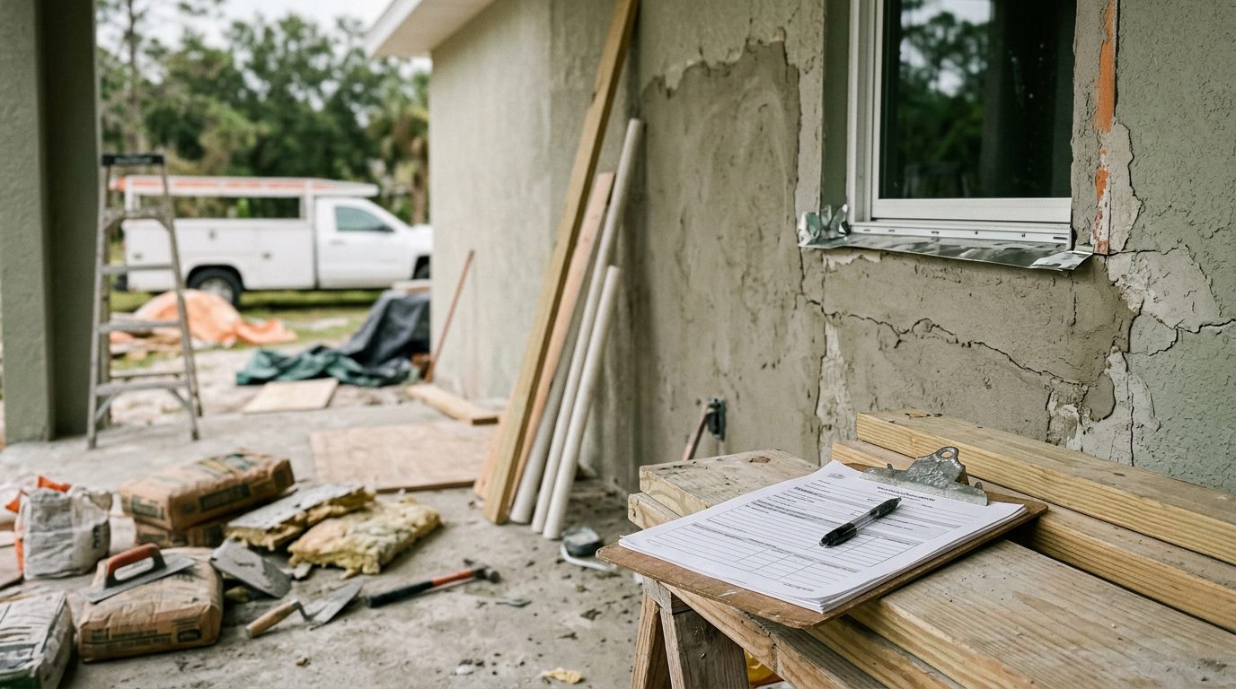 Blueprints, a hard hat, and a legal document rest on a wooden desk beside a partly renovated room.