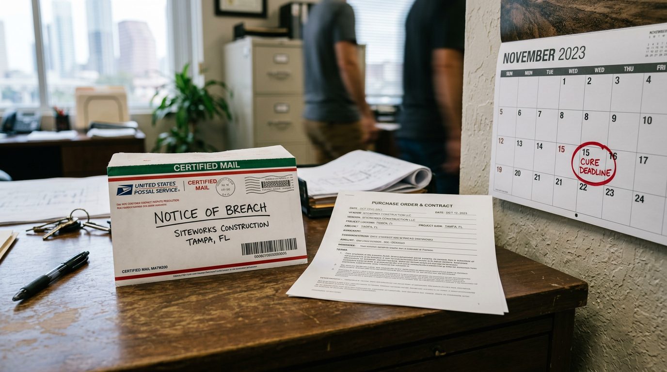 Certified-mail envelope marked "notice of breach" beside a printed purchase order and a wall calendar with a circled cure-period deadline on a desk.