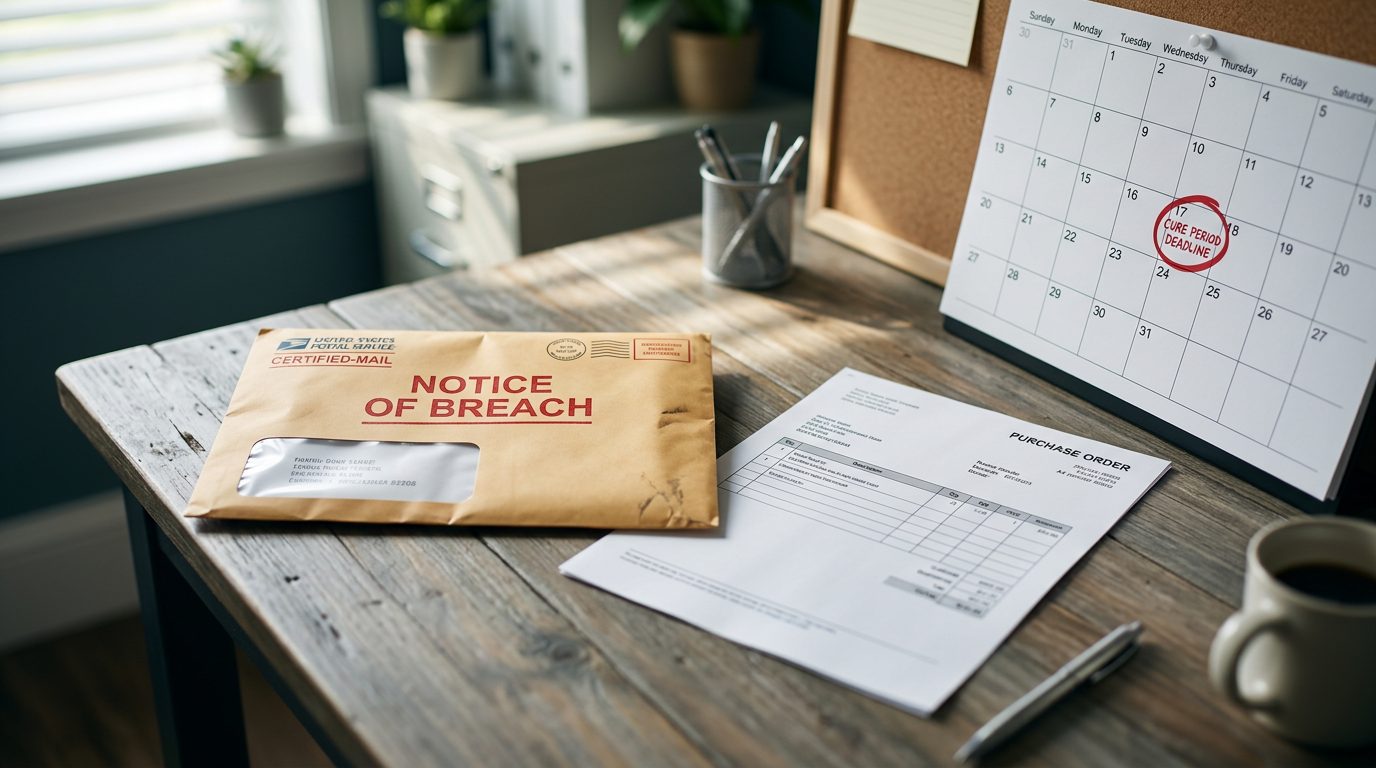 Certified-mail envelope marked "notice of breach" beside a printed purchase order and a calendar with a circled cure-period deadline on an office