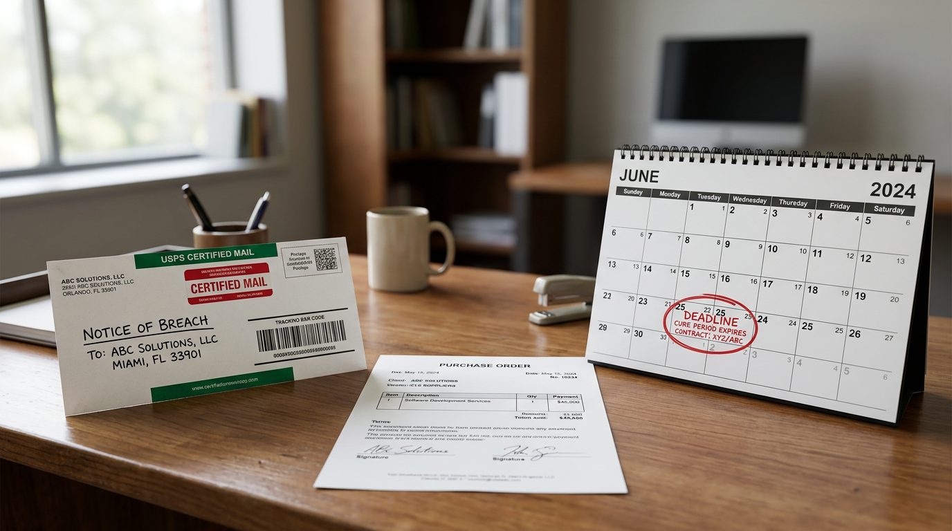 Certified-mail envelope marked "notice of breach" beside a printed purchase order and a wall calendar with a circled deadline on an office desk.