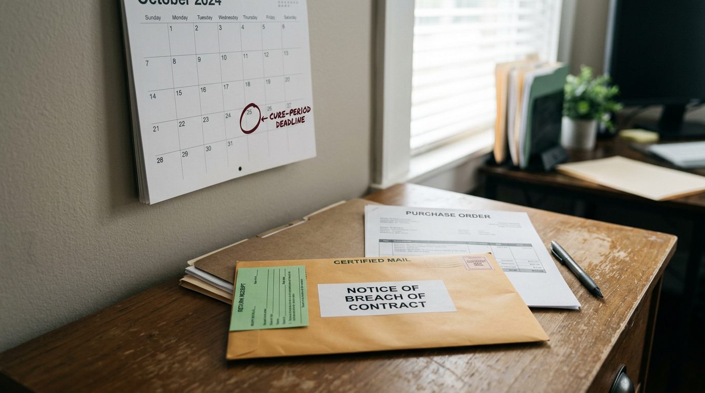 Certified-mail envelope marked "notice of breach" beside a printed purchase order and a calendar with a circled deadline on a desk.