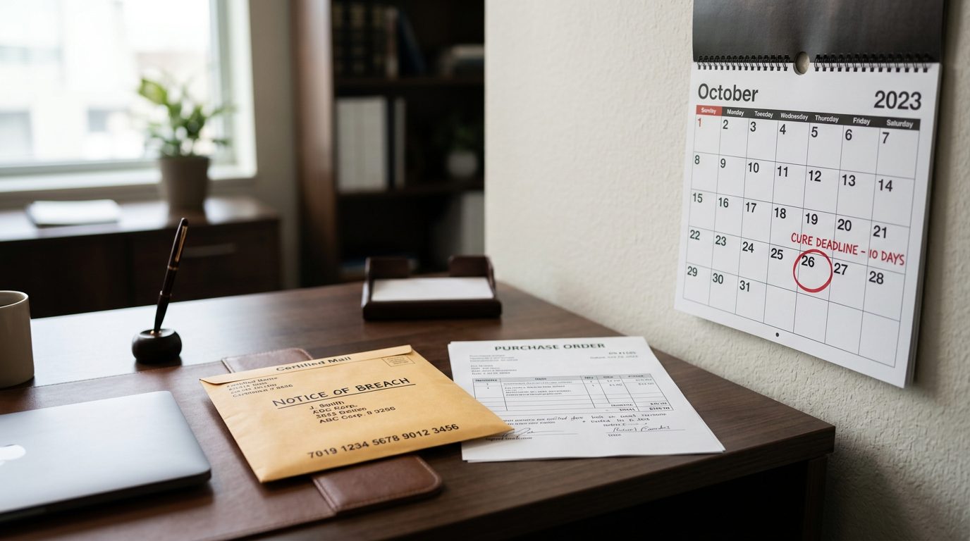Certified-mail envelope marked "notice of breach" beside a printed purchase order and a wall calendar with a circled cure-period deadline on a desk.