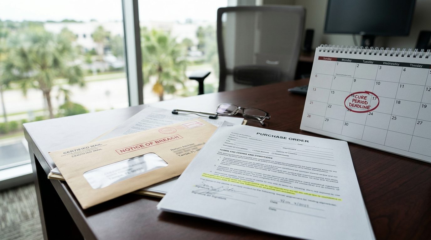Certified-mail envelope marked "notice of breach" beside a printed purchase order and a calendar with a circled deadline on a desk.