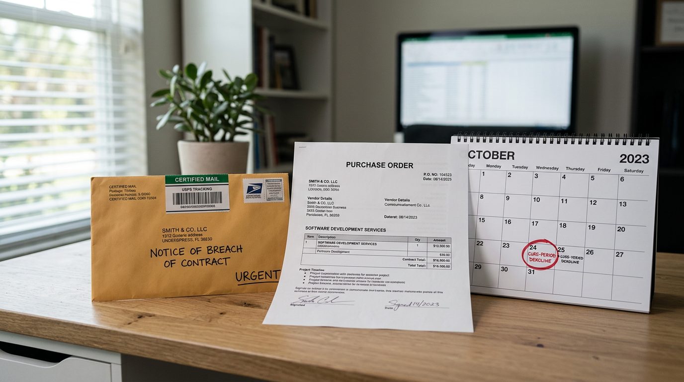 Certified-mail envelope marked "notice of breach" beside a printed purchase order and a wall calendar with a circled cure-period deadline on an