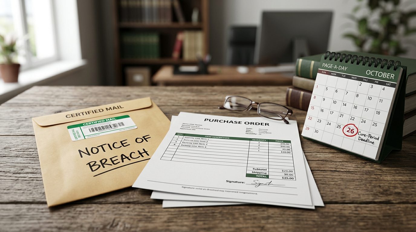 Certified-mail envelope marked "notice of breach" beside a purchase order and a calendar with a circled cure-period deadline on an office desk.