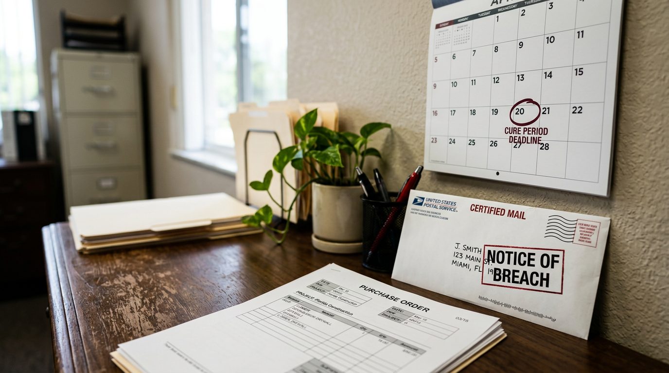 Sobre certificado con aviso de incumplimiento junto a una orden de compra y un calendario de pared con una fecha límite marcada.