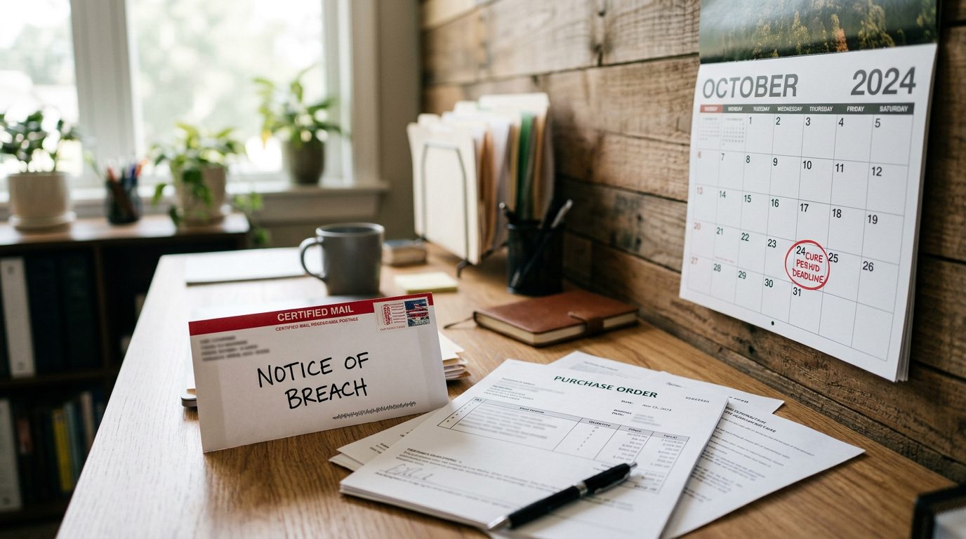 Certified-mail envelope marked "notice of breach" beside a purchase order and a calendar with a circled cure-period deadline on a desk.