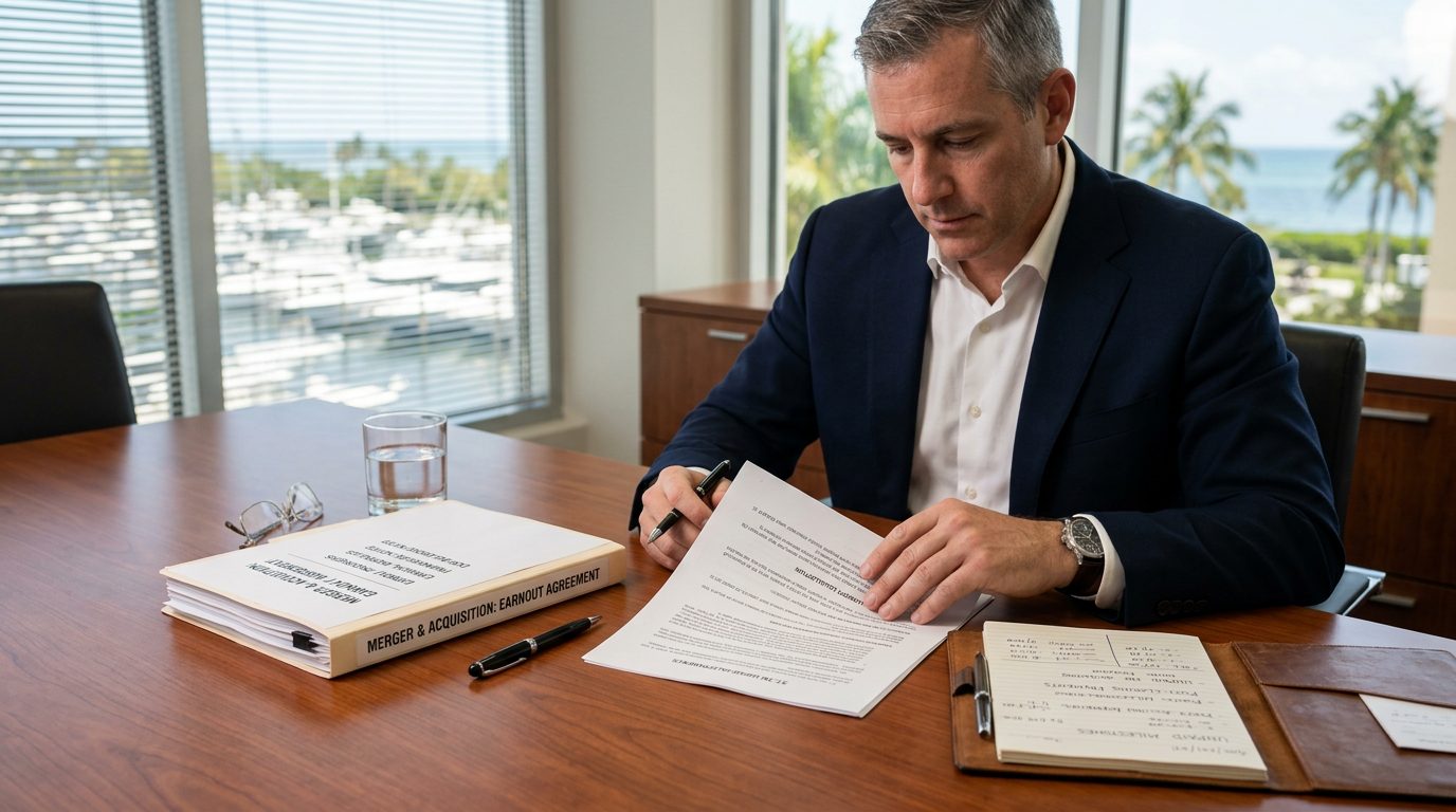 Close-up of a business contract with a pen resting on signature pages, beside a calculator and financial papers on a desk.