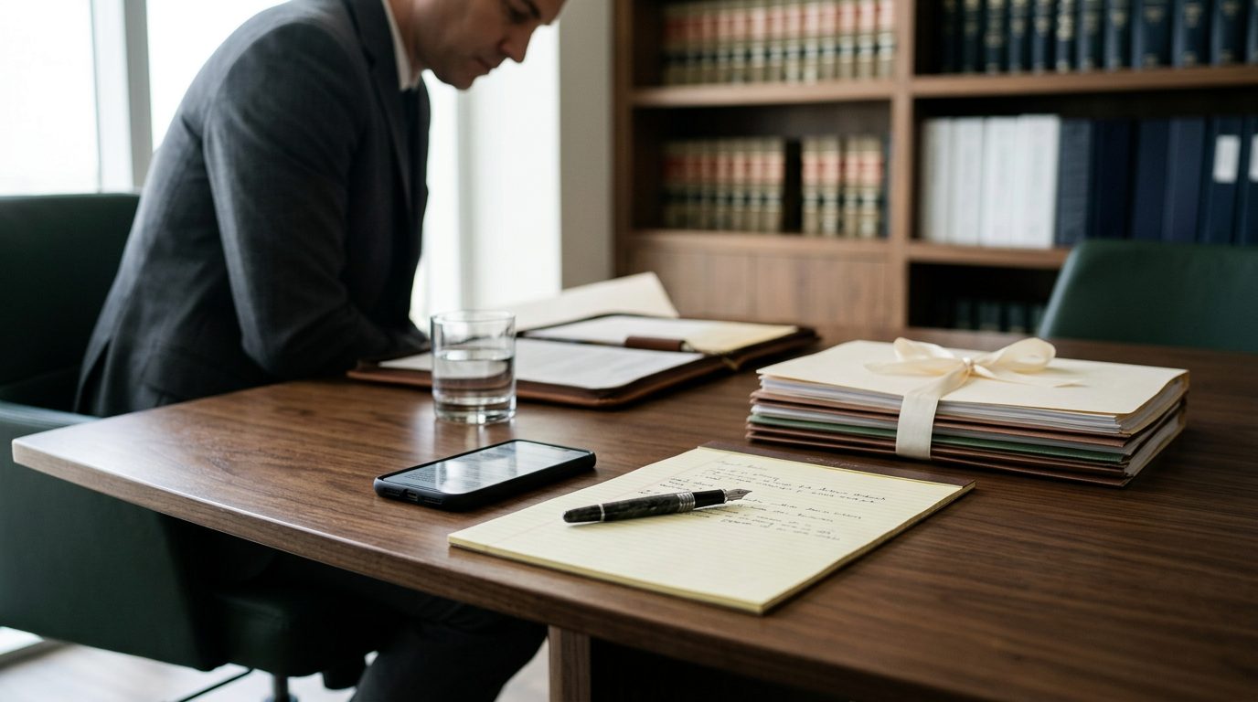 Close-up of a desk with legal documents, a calculator, and a pen, suggesting hourly legal billing.