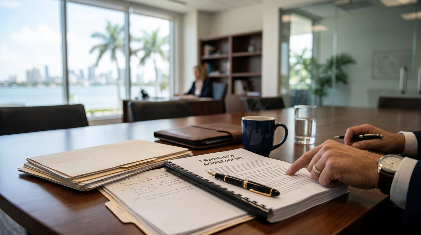Close-up of a franchise agreement contract on a desk beside a pen and reading glasses in a Florida law office.