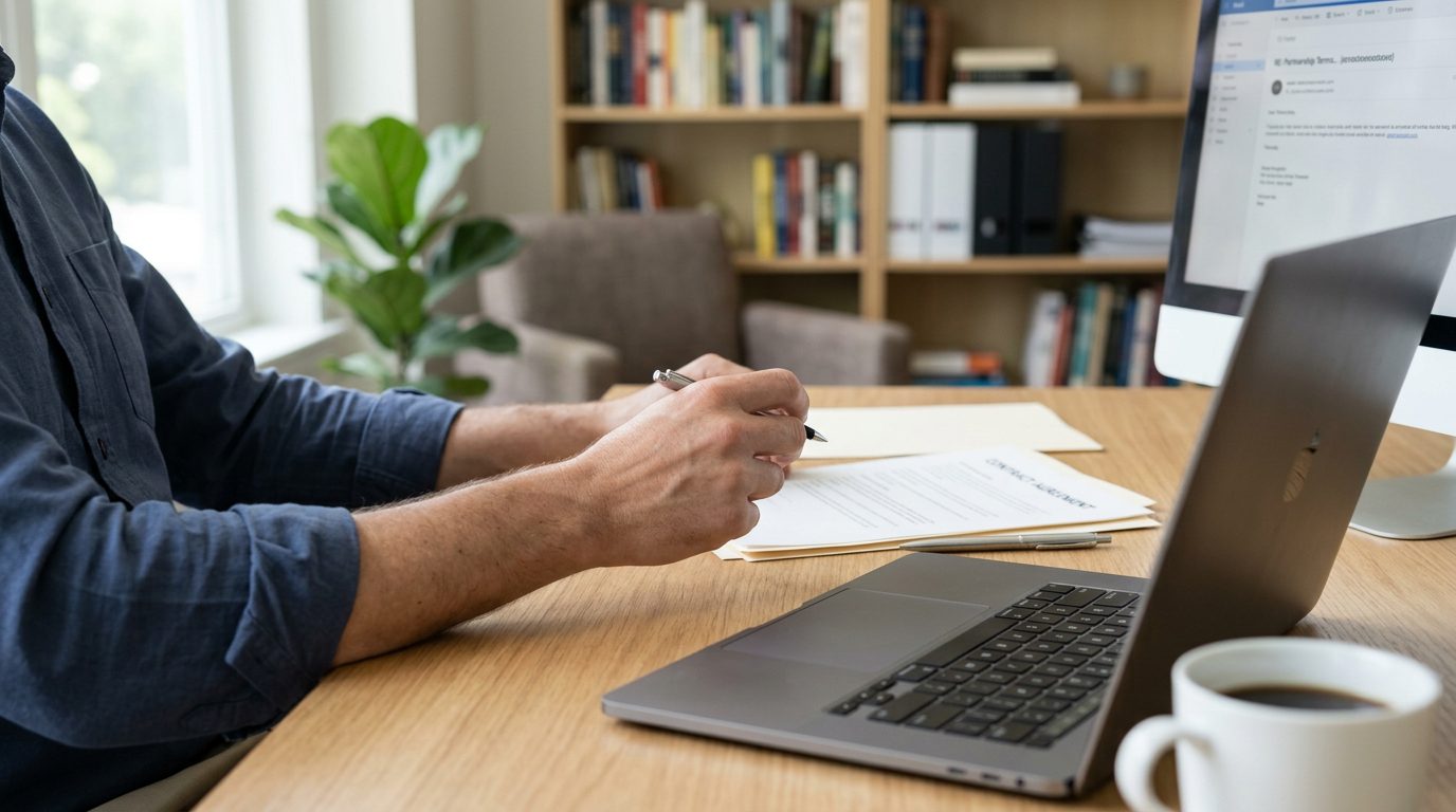Close-up of a laptop keyboard and a printed contract beside a pen, suggesting an email agreement review.