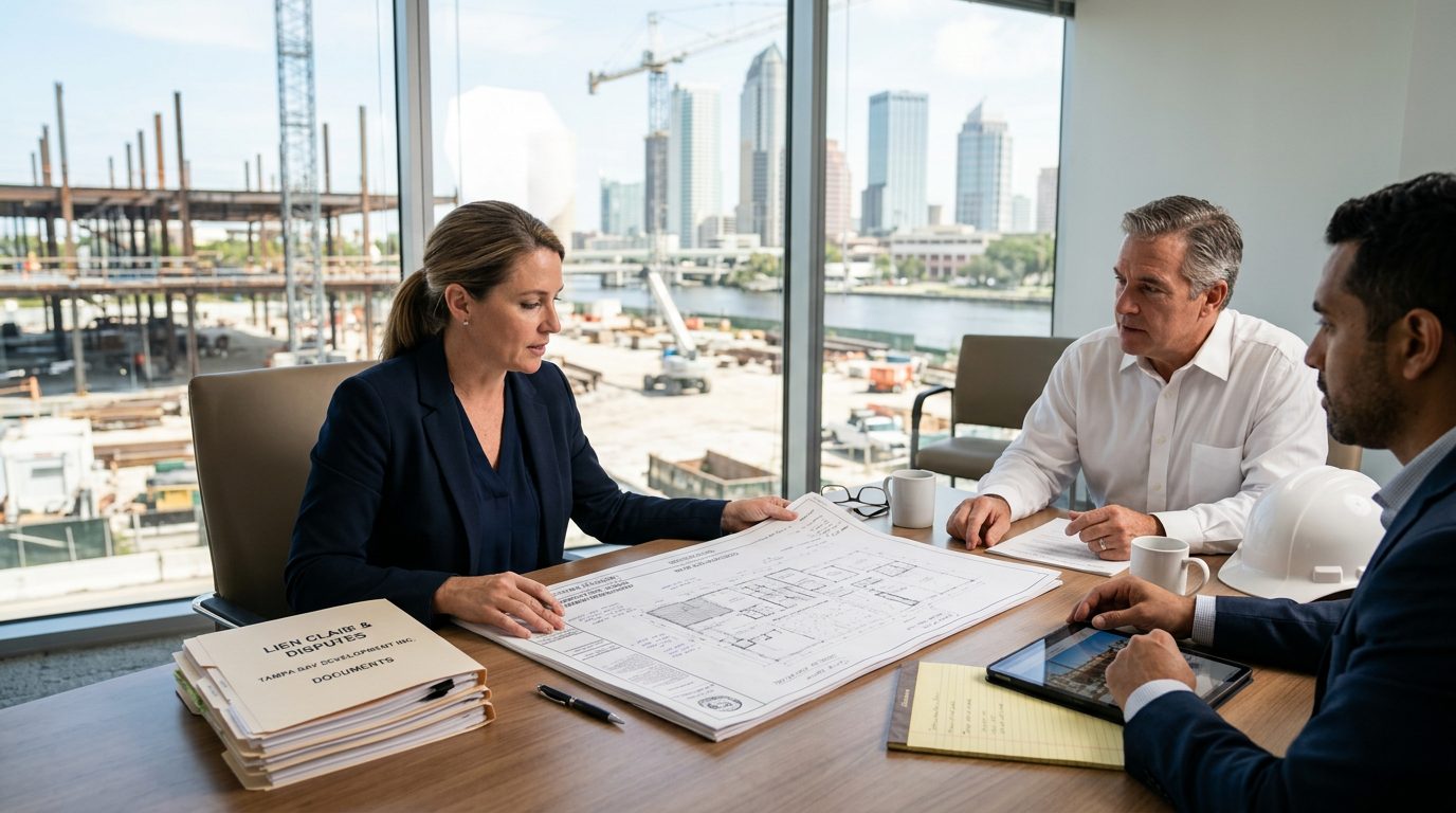 Construction site blueprints, contract papers, a hard hat, and a gavel arranged on a table in Tampa.