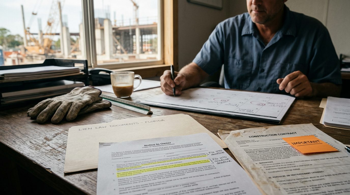 Construction site with a stack of documents, a clipboard, and a hard hat on a desk near building plans.