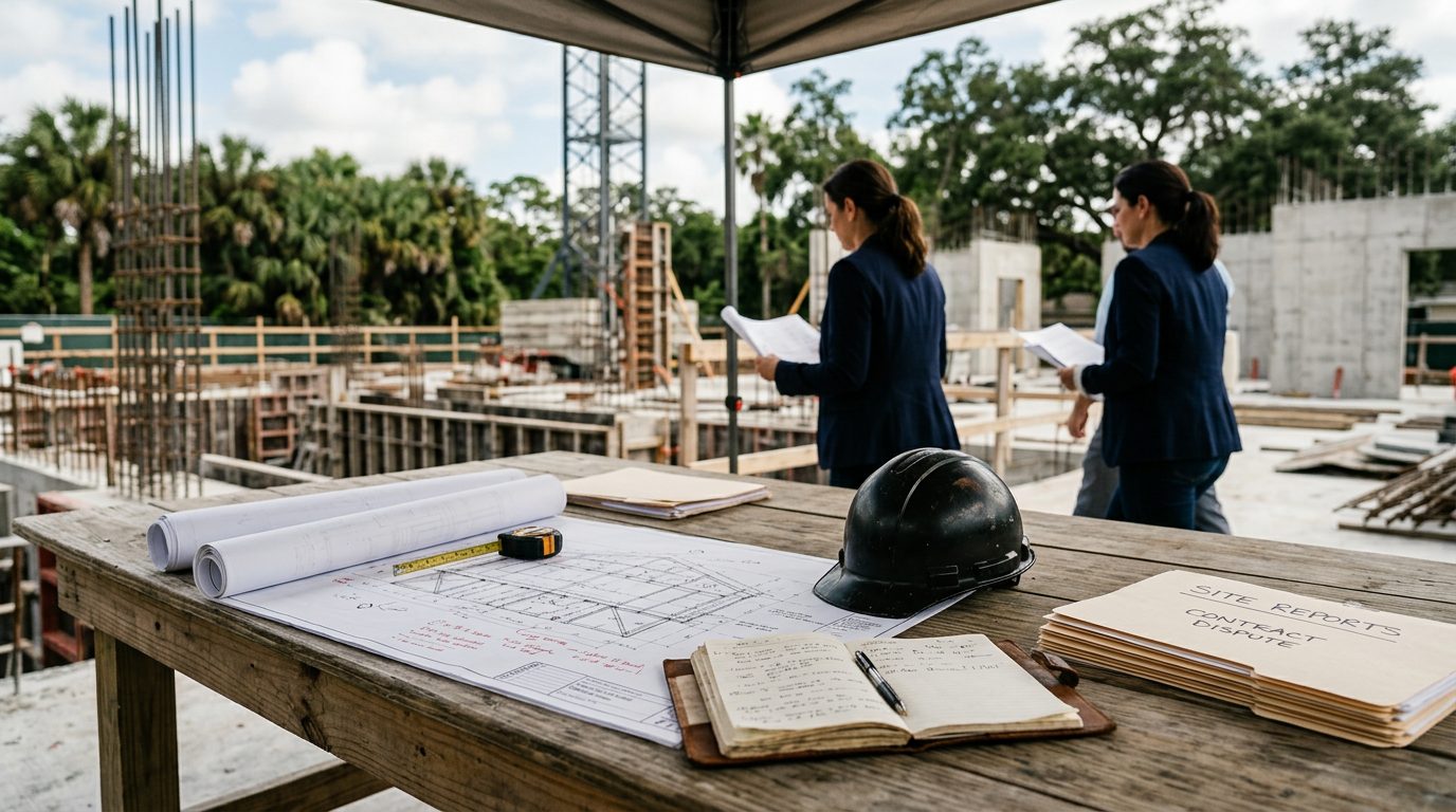 Construction site with exposed framing, stacked lumber, and equipment in Temple Terrace, Florida.