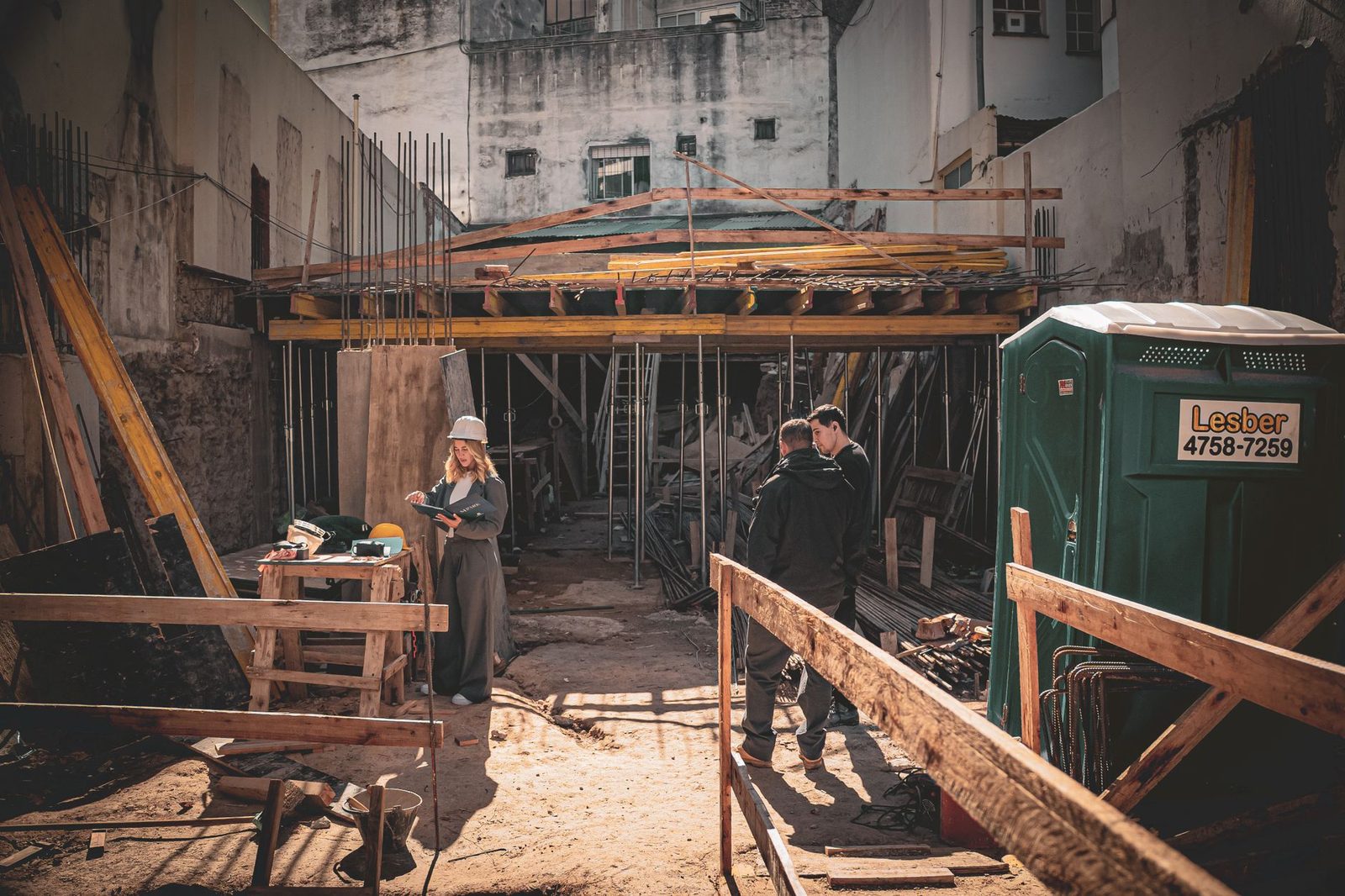 Construction workers and an architect review plans together on a bright, sunlit building site.