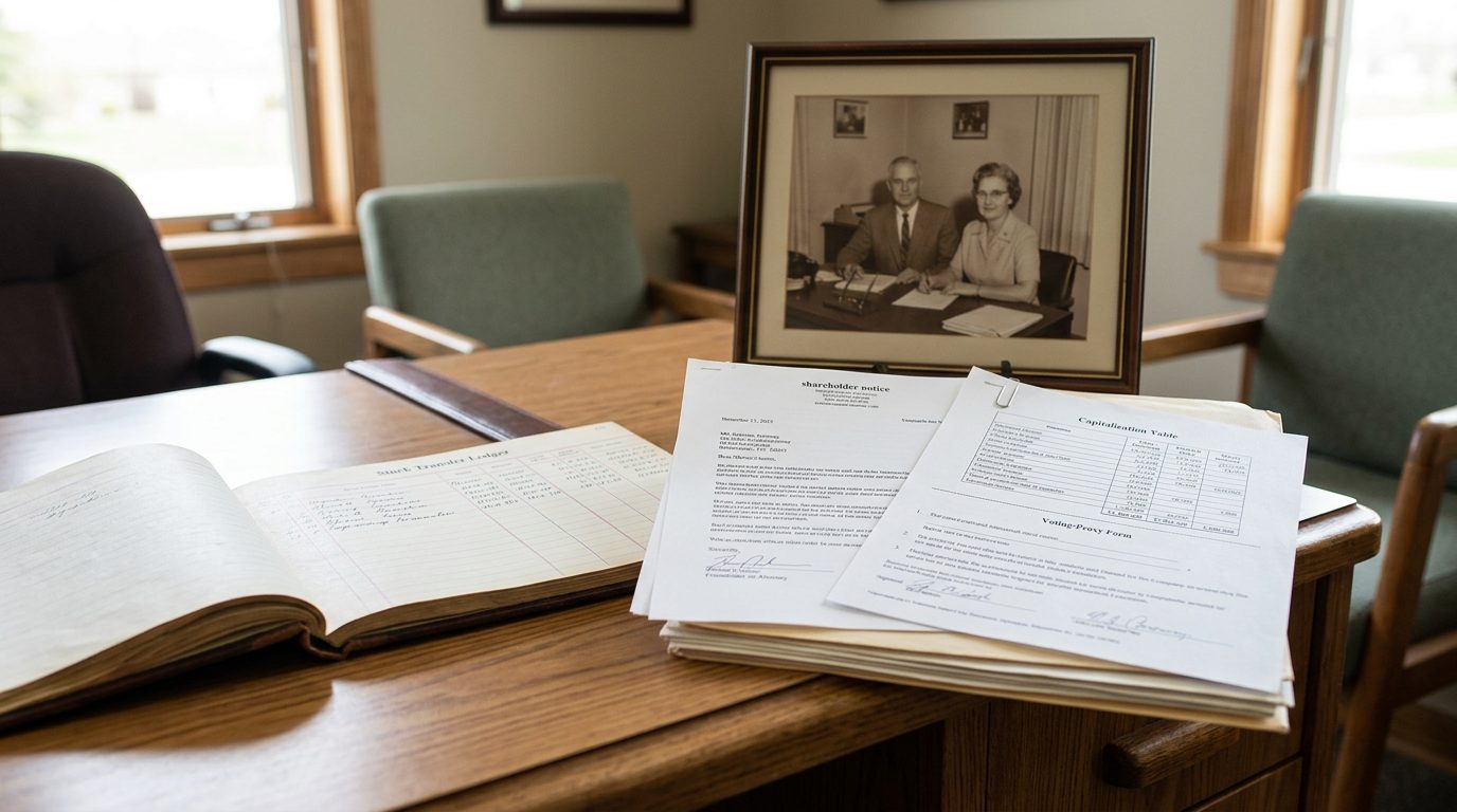 Desk in a small family-owned company's office with a stock ledger, a shareholder notice letter, and a proxy form clipped to a cap table.
