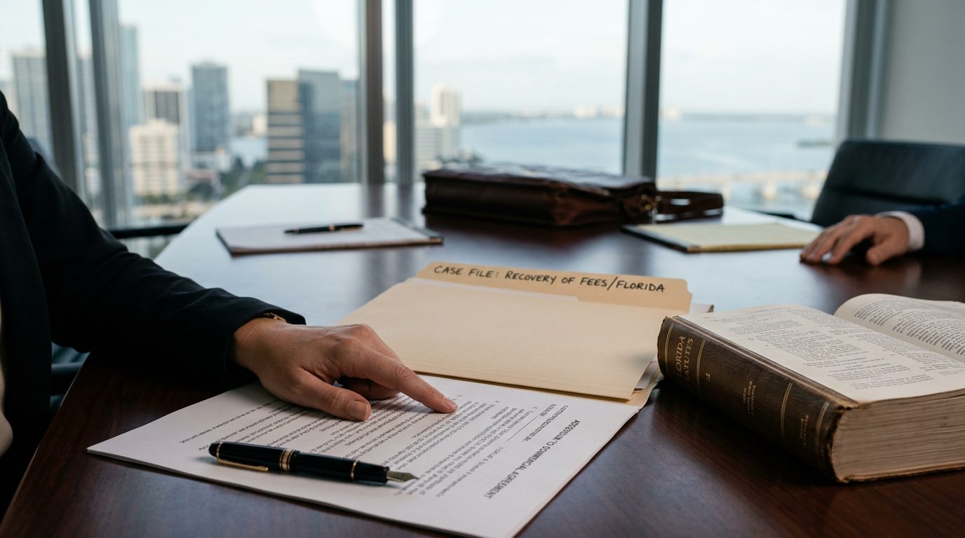 Desk with a signed contract, a pen, and a calculator beside a legal folder, representing a Florida contract dispute.