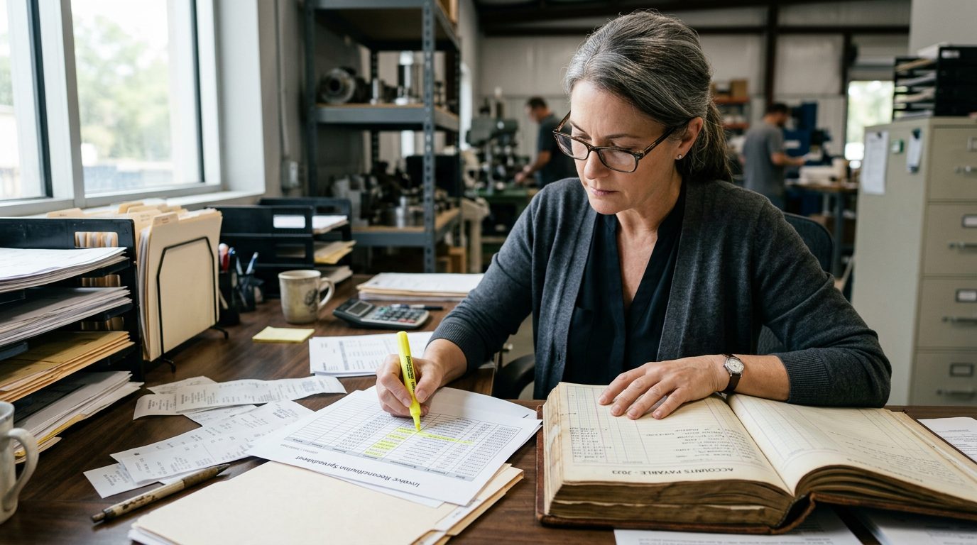 Forensic accountant in reading glasses highlights payment entries in a ledger beside printed invoices on a desk.