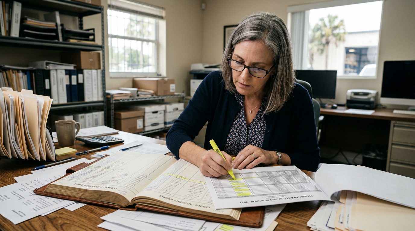 Forensic accountant in reading glasses highlights payment entries in a bound ledger and invoices on a desk in a small manufacturing office.