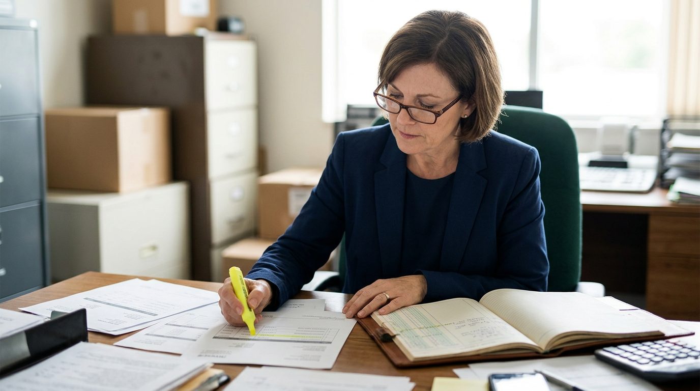 Forensic accountant in reading glasses highlights payment entries in a bound ledger beside printed invoices on a small factory office desk.