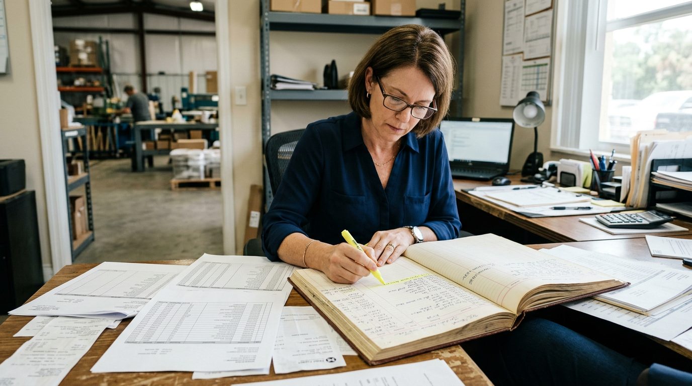 Forensic accountant in reading glasses highlights payment entries in a bound ledger on a desk covered with printed invoices.