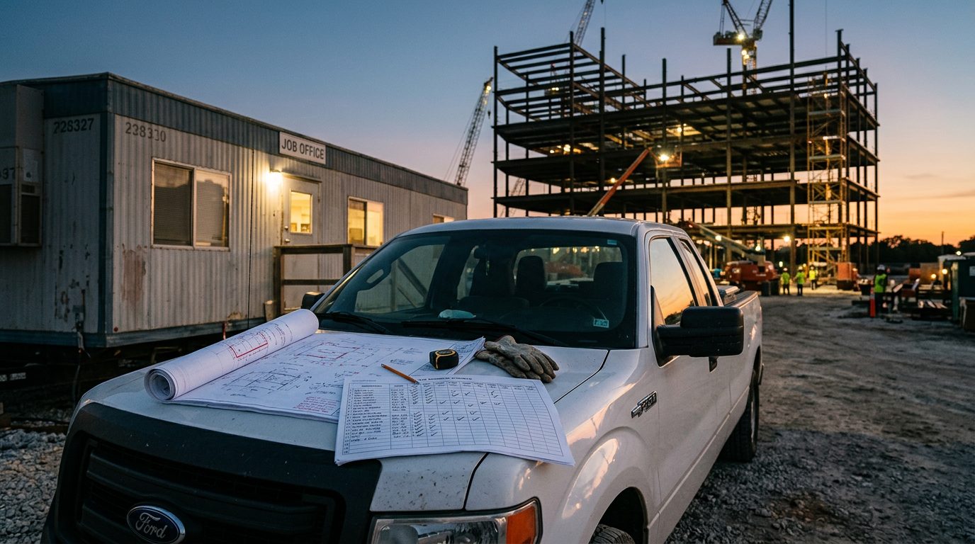 Half-built commercial office tower with exposed steel frame at dusk, with construction drawings and a site schedule on a pickup hood.