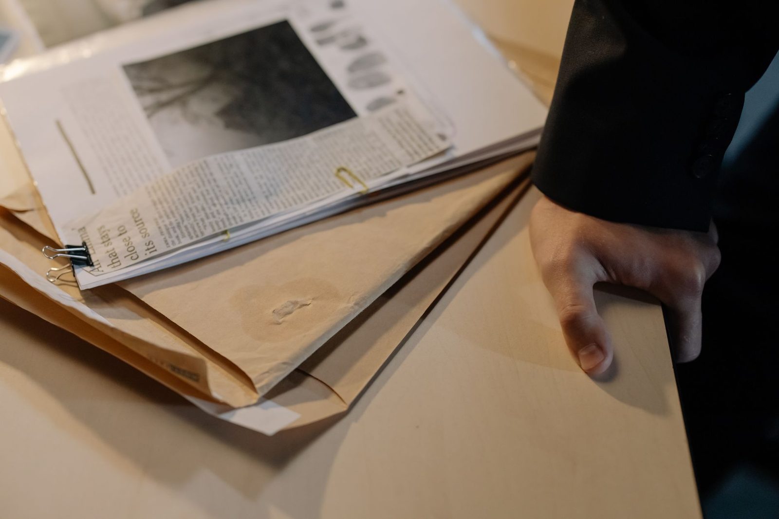 A close-up of a hand resting on a desk beside a stack of documents and newspaper clippings.