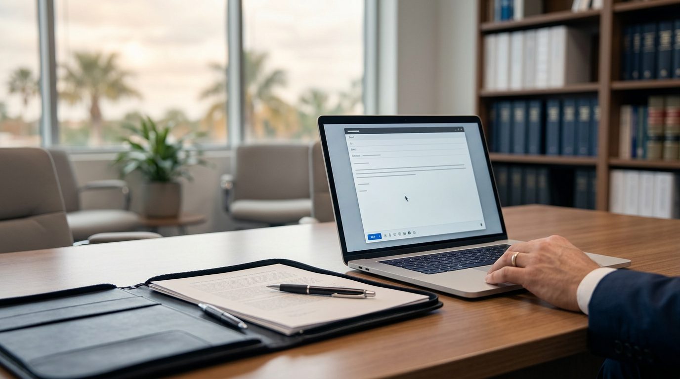 Laptop on a desk showing an email beside a printed contract and a pen.
