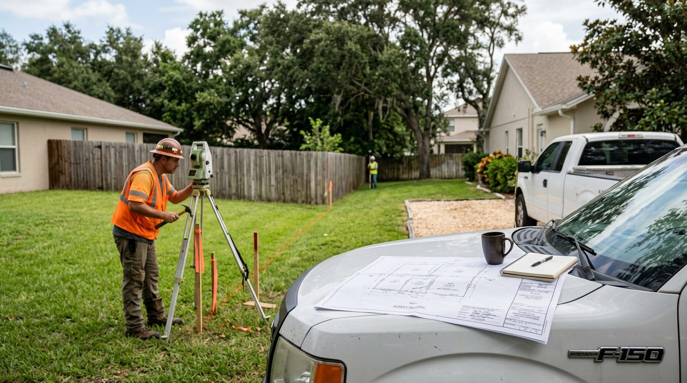 Licensed surveyor with a total station sets boundary stakes on a disputed backyard property line in Tampa Bay.