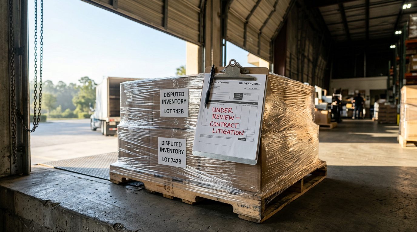 Loading dock with a plastic-wrapped pallet of disputed inventory and a clipboard marked 'under review.'