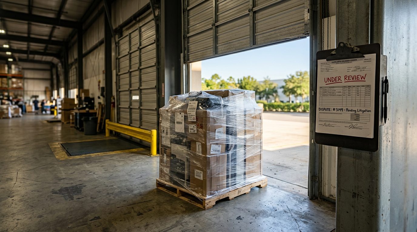 Morning light spills through open roll-up doors onto a warehouse loading dock, where a plastic-wrapped pallet sits beside a clipboard marked "under review.