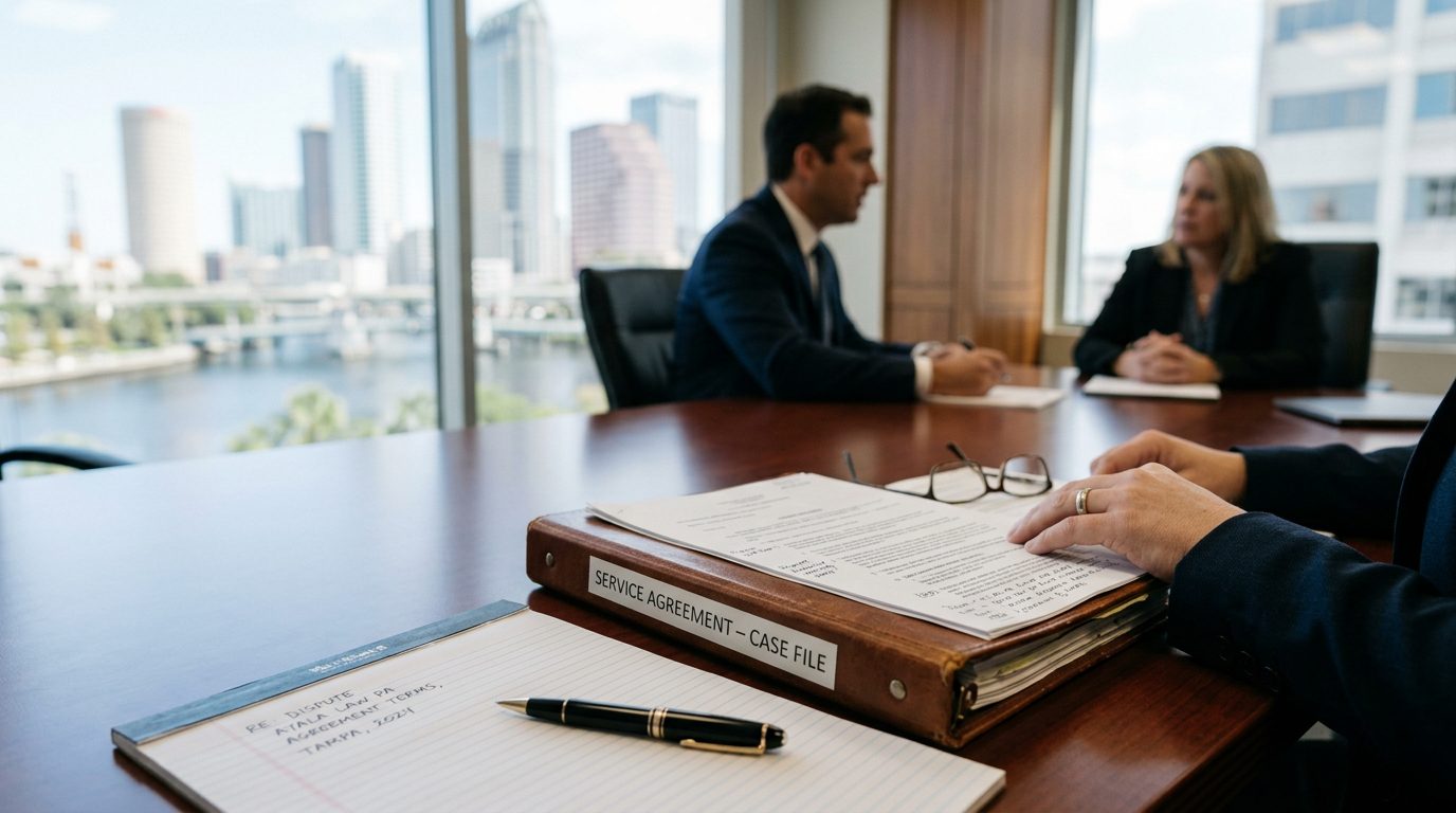 Office desk with contract pages, a pen, and a laptop in a Tampa law office.