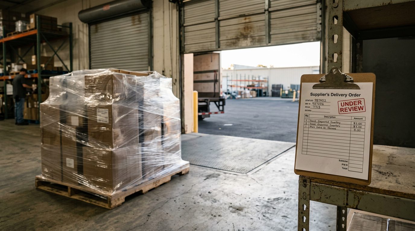 Pallet of wrapped inventory and a clipboard marked "under review" sit on a warehouse loading dock in morning light.