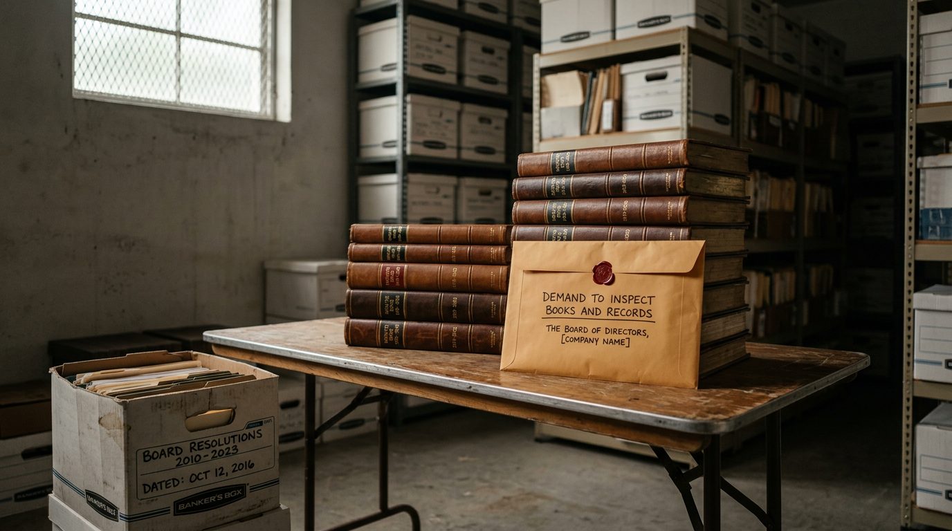 Records room table holding corporate minute books, a sealed inspection demand envelope, and boxed board resolutions.