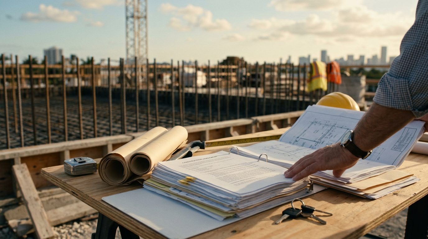 Signed construction contract and blueprints spread on a desk in a Florida office.