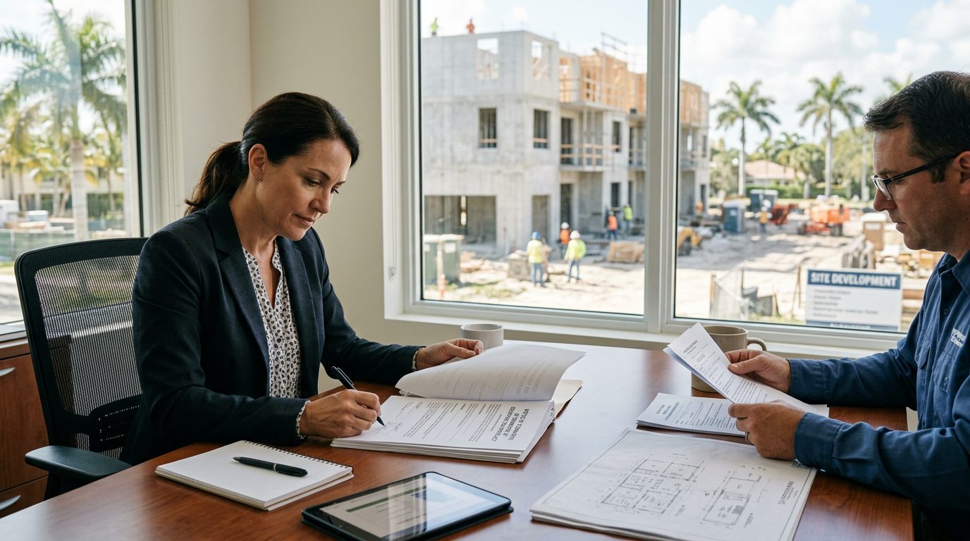 Signed construction contract, blueprints, and a calculator on a desk at a Florida home under renovation.