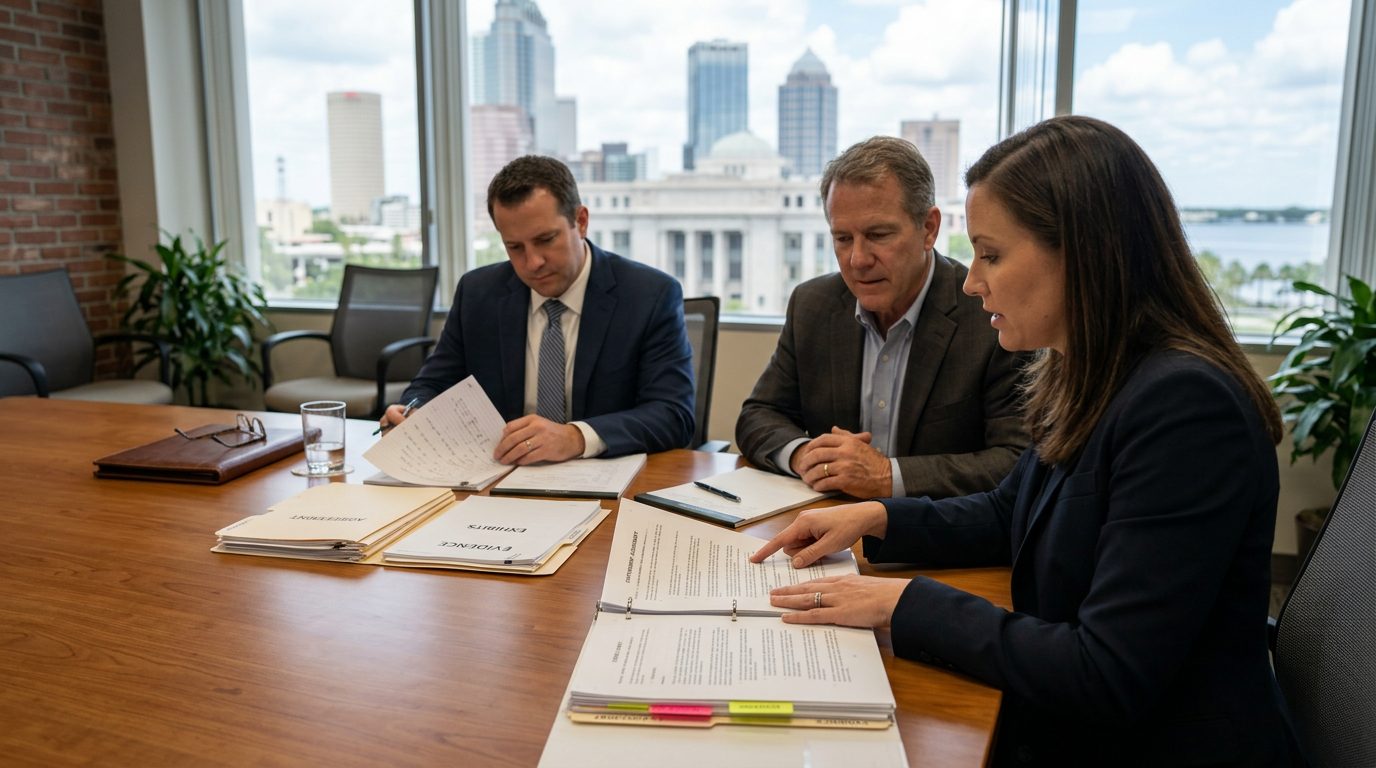 Páginas de contrato firmadas, una pluma y una carpeta de caso sobre un escritorio en un despacho jurídico.
