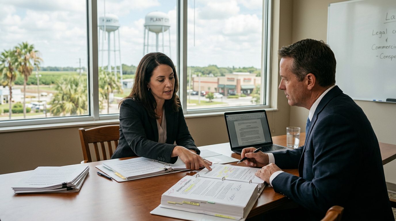 Signed contract pages, a pen, and a laptop sit on a wooden desk in a law office.