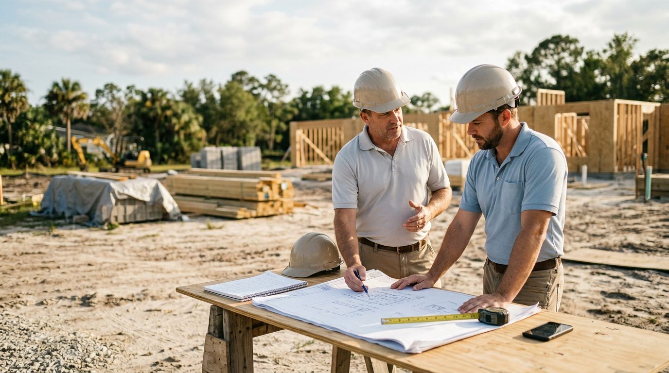Unfinished building framing on a Florida job site, with stacked lumber and contract papers spread on a work table.