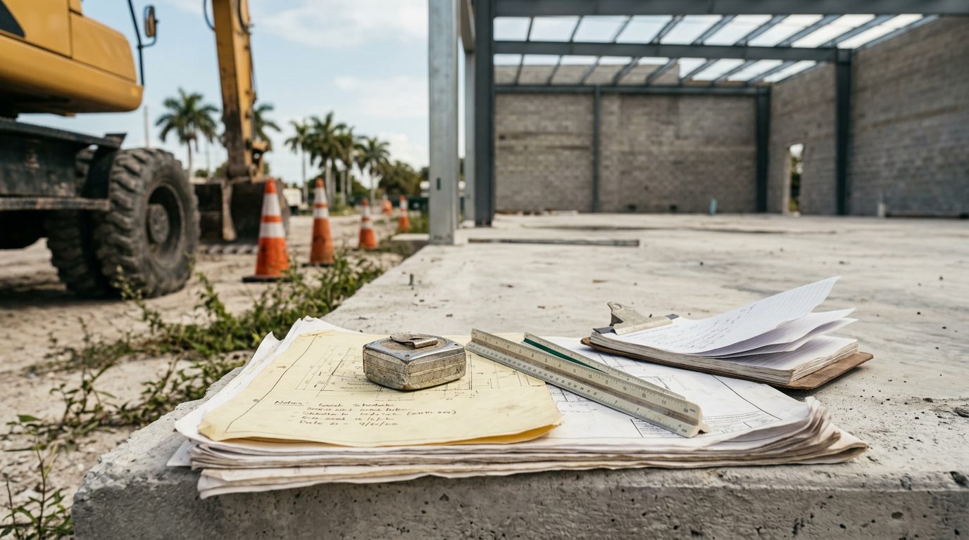 Unfinished commercial building framework on a Florida construction site, with scaffolding and idle equipment.