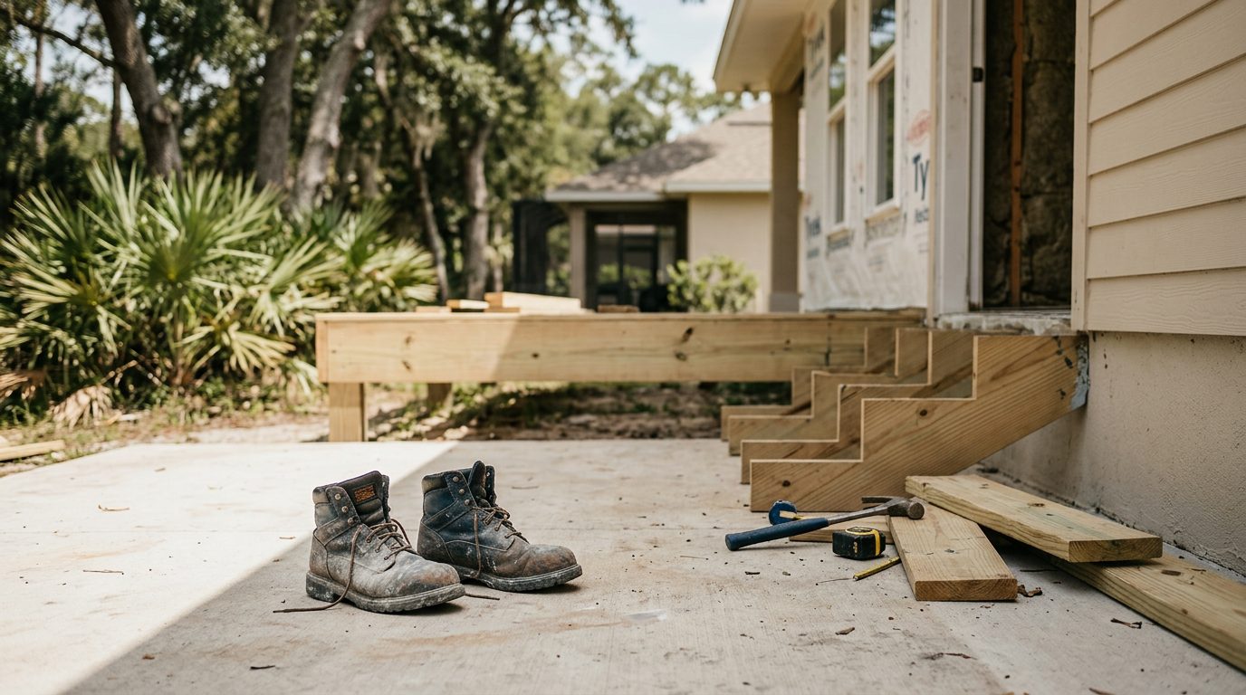 Unfinished house framing on a Florida residential construction site, with stacked lumber and tools left on the ground.