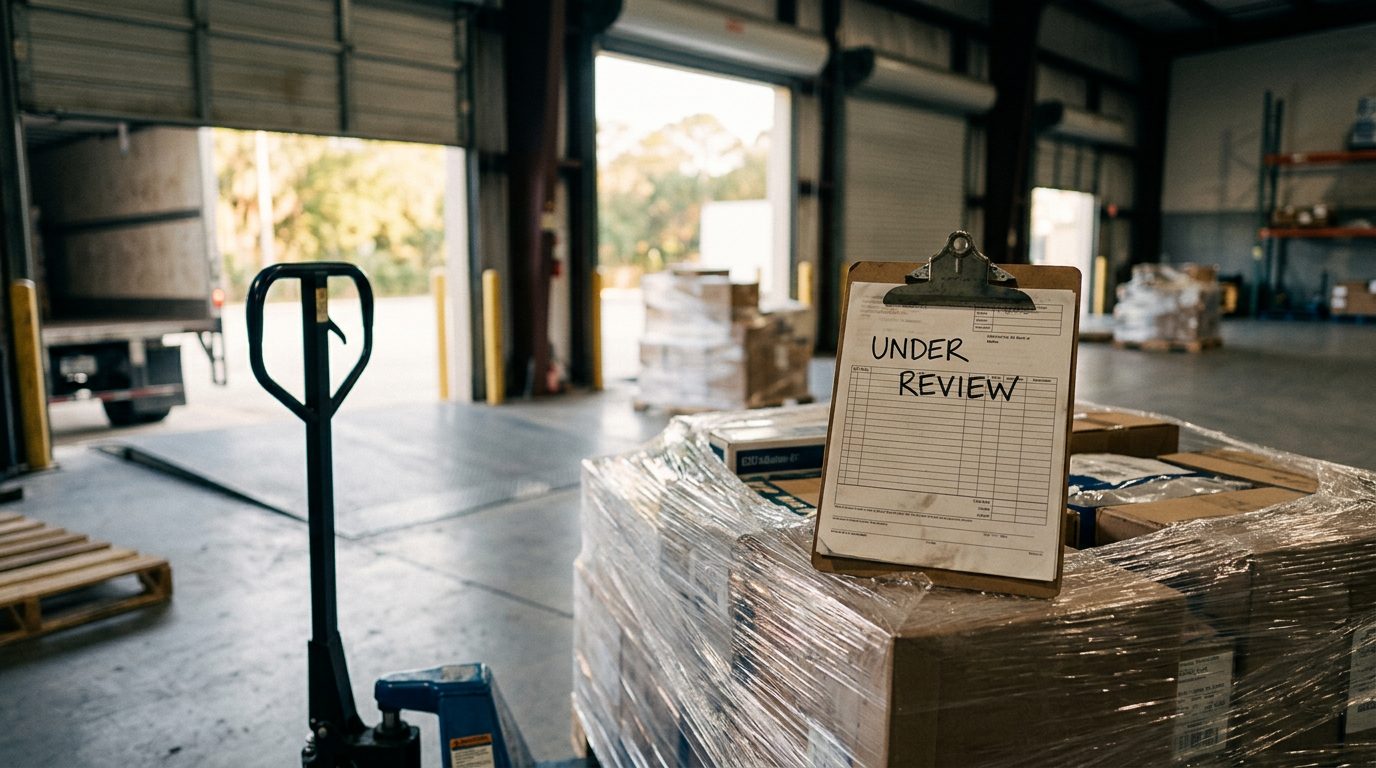 Warehouse dock with a plastic-wrapped pallet, a clipboard marked "under review," and morning light through roll-up doors.
