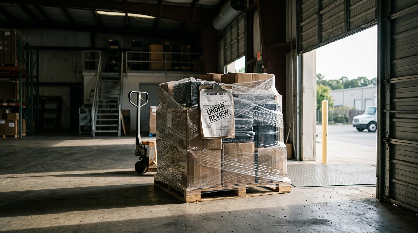 Warehouse loading dock with a plastic-wrapped pallet, a clipboard marked "under review," and morning light through open roll-up doors.