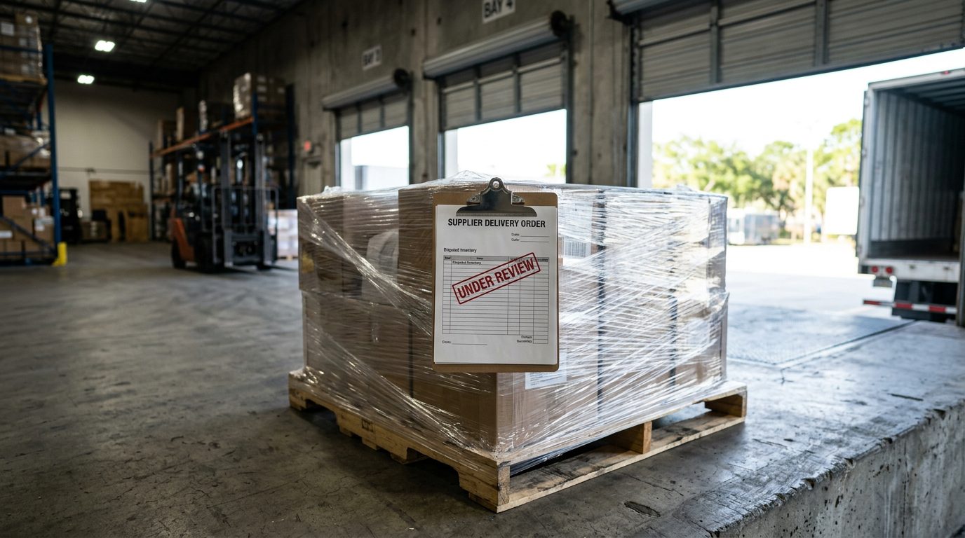 Warehouse loading dock with a plastic-wrapped pallet and a clipboard marked "under review" in morning light through open roll-up doors.