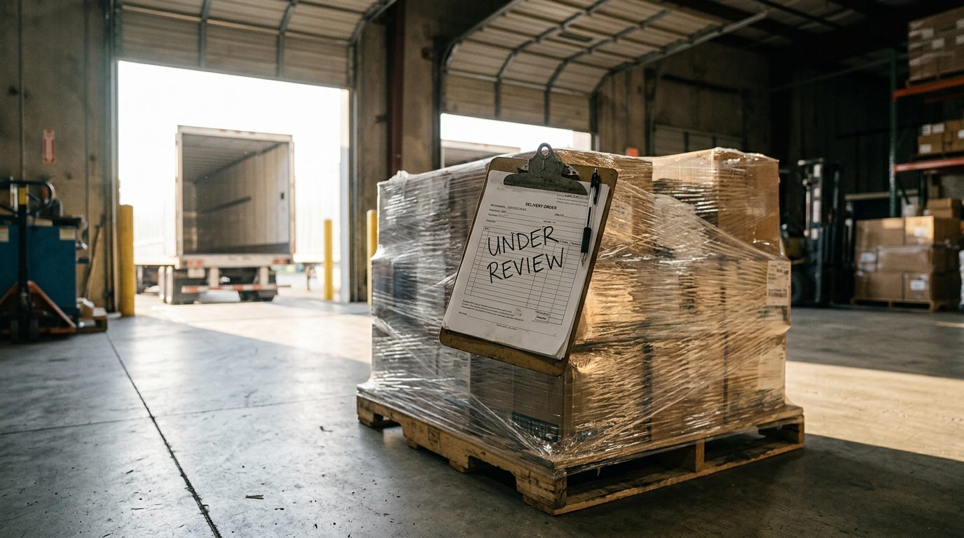 Warehouse loading dock with a plastic-wrapped pallet and a clipboard marked "under review," lit by morning light through open roll-up doors.