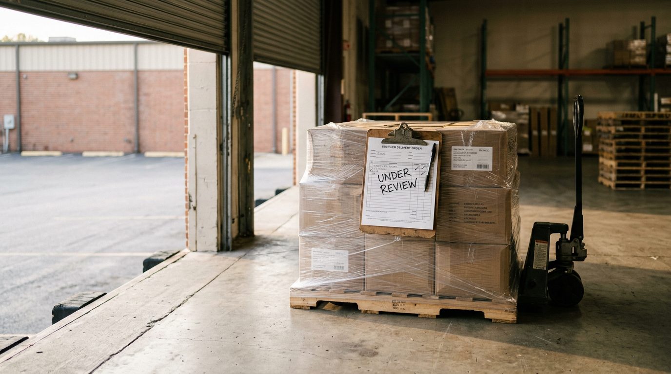 Warehouse loading dock with a plastic-wrapped pallet of disputed inventory and a clipboard marked "under review" in morning light.