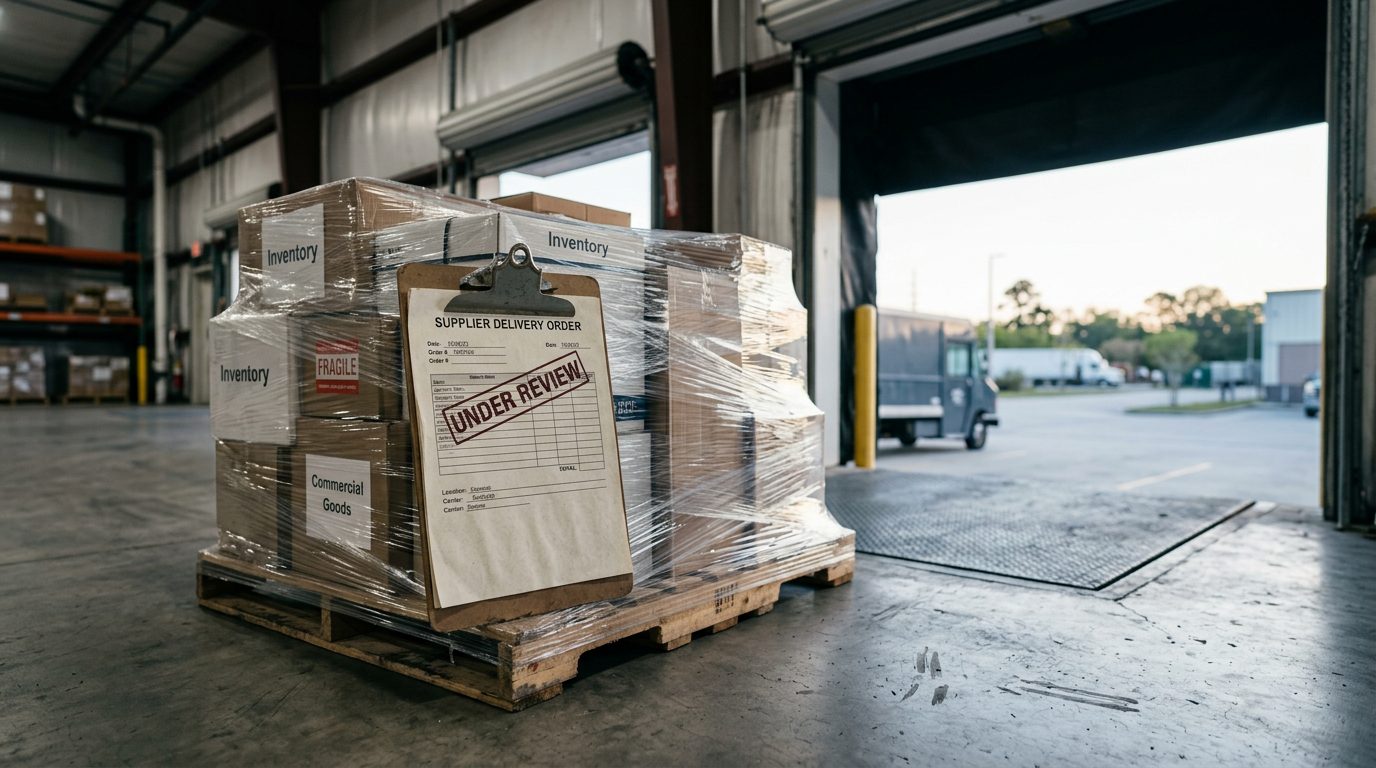Warehouse loading dock with a plastic-wrapped pallet of disputed inventory and a clipboard marked "under review" in morning light.