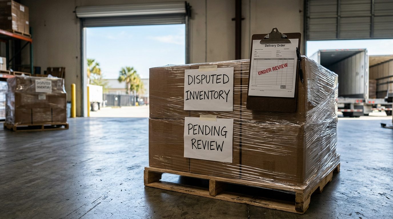 Muelle de carga de un almacén con una tarima de inventario envuelta en plástico y un portapapeles con la leyenda "en revisión" bajo la luz de la