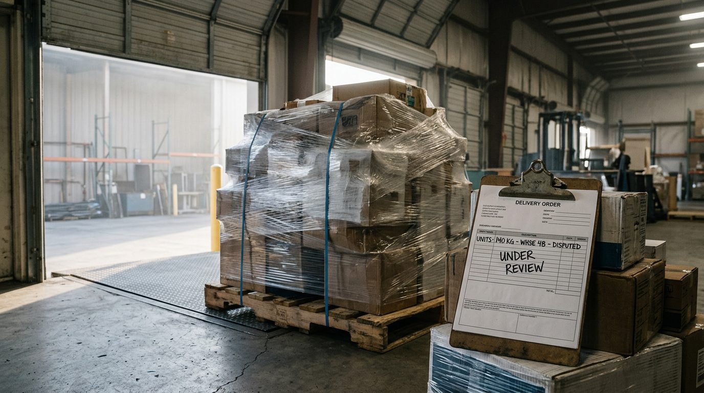 Warehouse loading dock with a plastic-wrapped pallet of inventory and a clipboard delivery order marked "under review," lit by morning light through